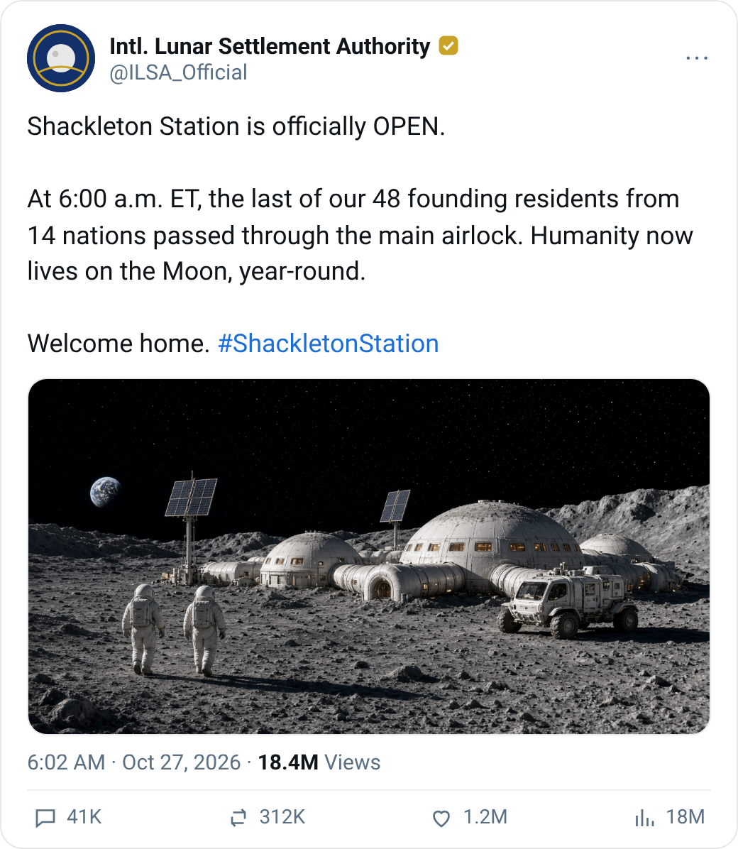Social post from the International Lunar Settlement Authority announcing the opening