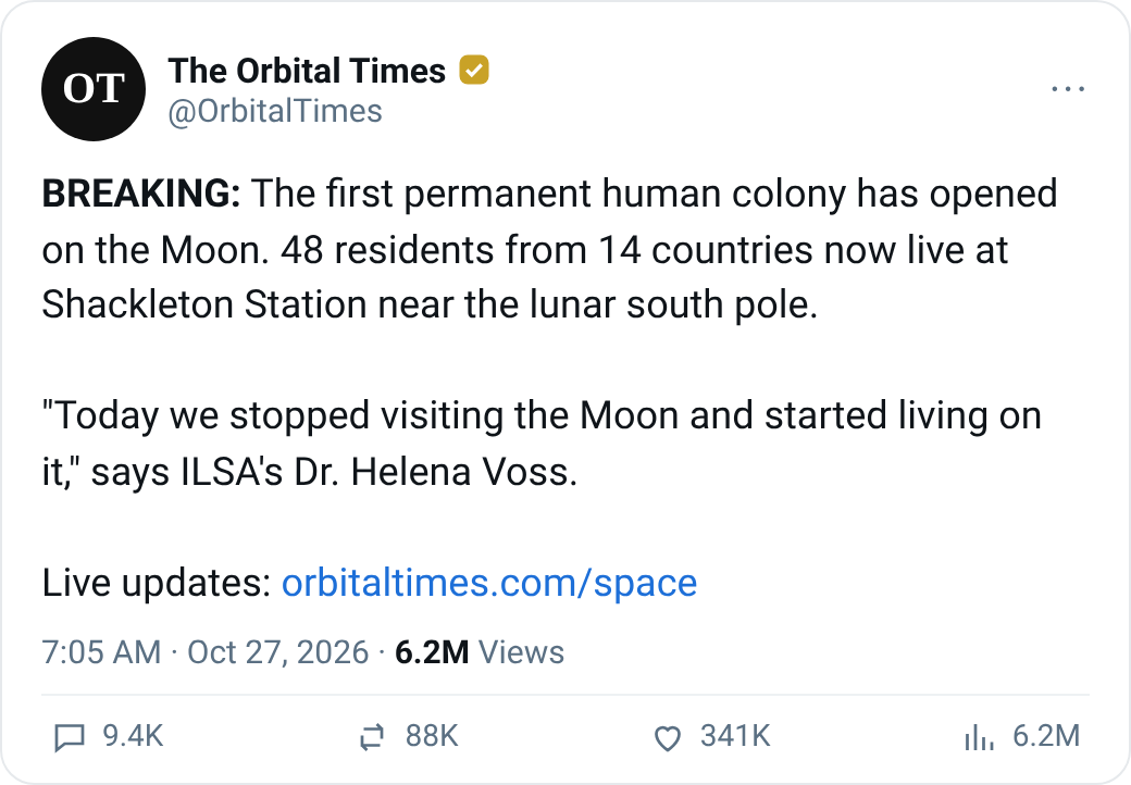 Social post from The Orbital Times about the opening